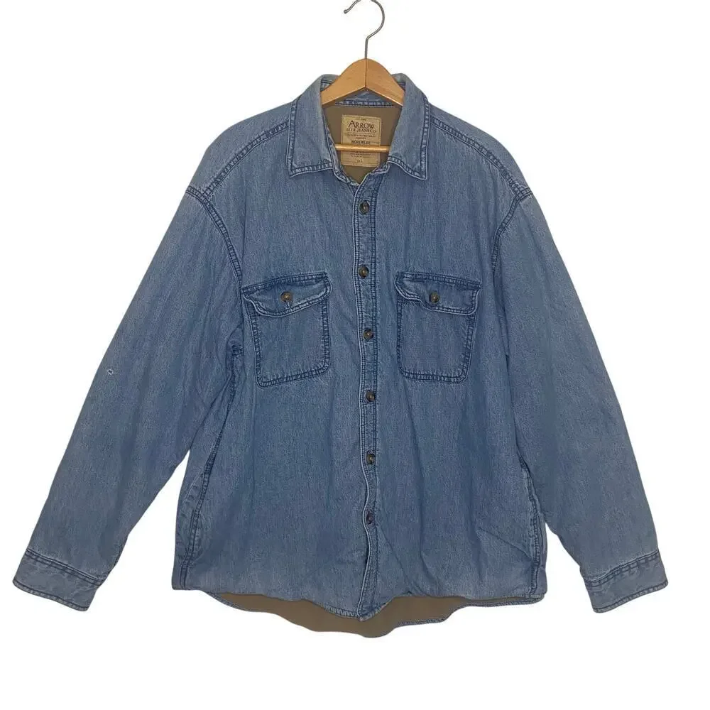 Vintage Arrow Blue Jeans Fleece Lined Chore Jacket Mens Buttons‎ Large Western